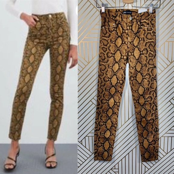 Zara Skinny High Rise Snakeskin Jeans Tan Brown - Picture 1 of 8